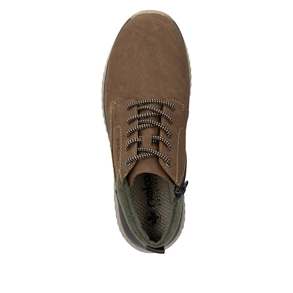 Rieker B0603-24 men's brown zip and lace ankle boots, waterproof leather, comfortable design, and rugged sole.