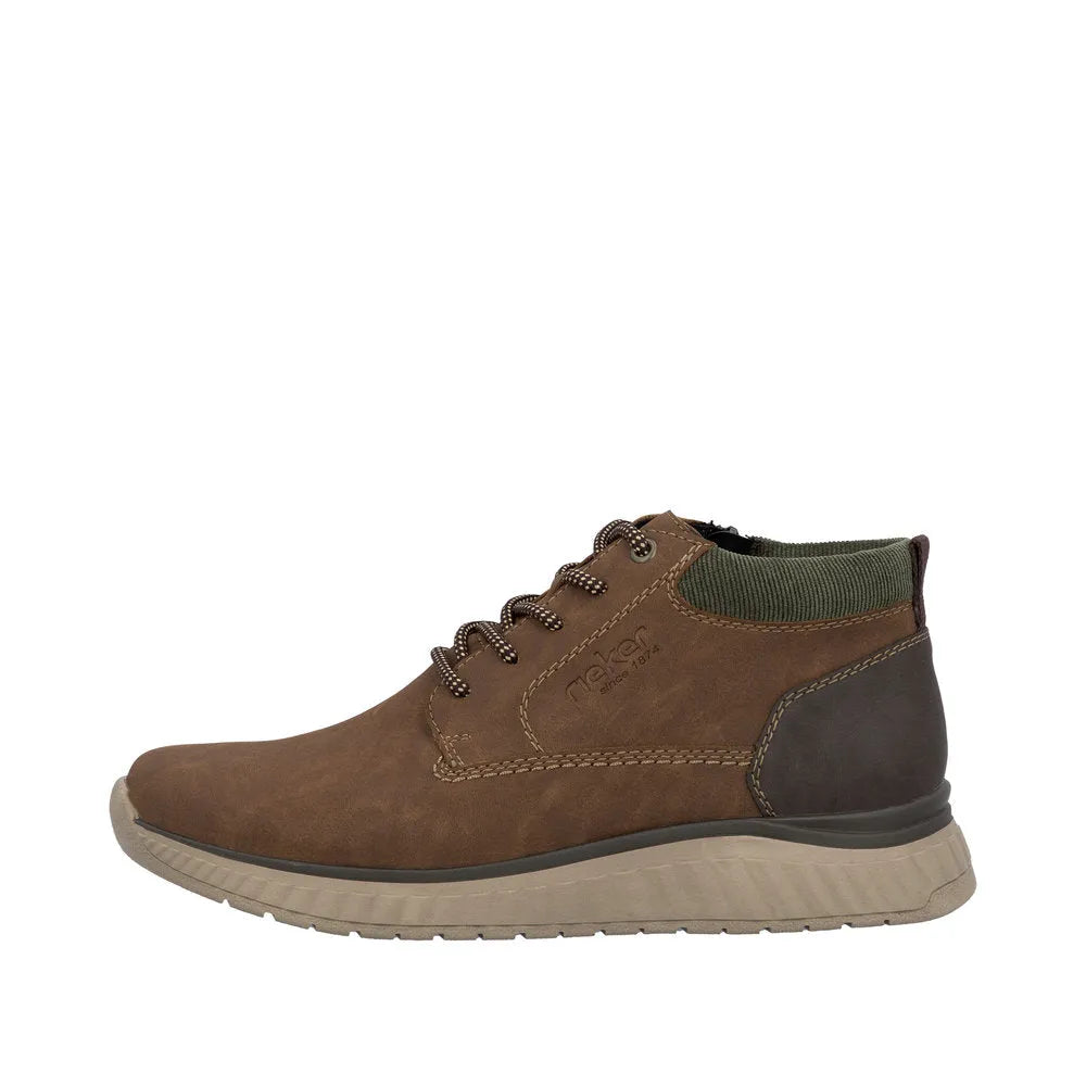 Rieker B0603-24 men's brown zip and lace ankle boots with green collar, rubber sole, stylish casual footwear.