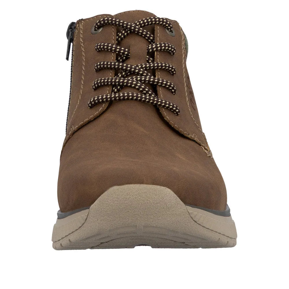 Rieker B0603-24 men's brown ankle boots with zip and lace-up closures, rugged sole, and durable leather upper.