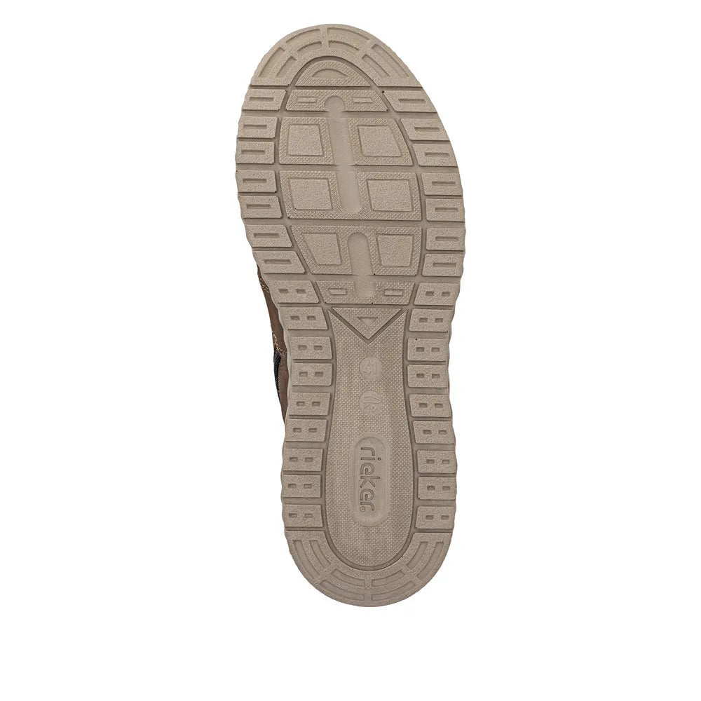 Rieker B0603-24 men's brown ankle boots with zip and lace-up closure, rugged rubber sole, and durable leather upper.