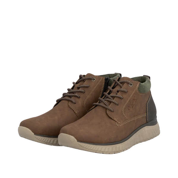 Rieker B0603-24 men's brown ankle boots with zip and lace-up closure, cushioned collar, and durable rubber sole.
