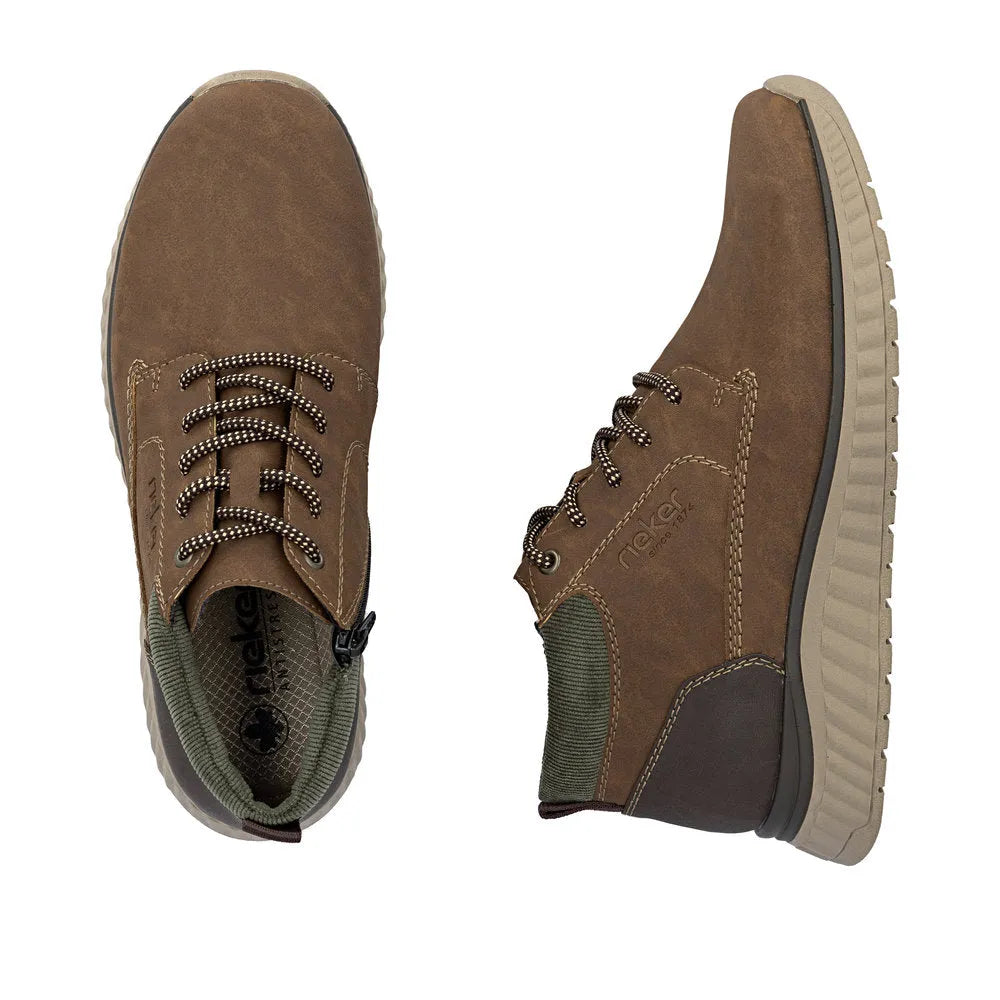 Rieker B0603-24 men's brown zip and lace ankle boots with cushioned collar and rugged sole.