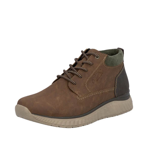 Rieker B0603-24 men's brown ankle boots with zip and lace-up closure, cushioned collar, rubber sole, stylish urban footwear.