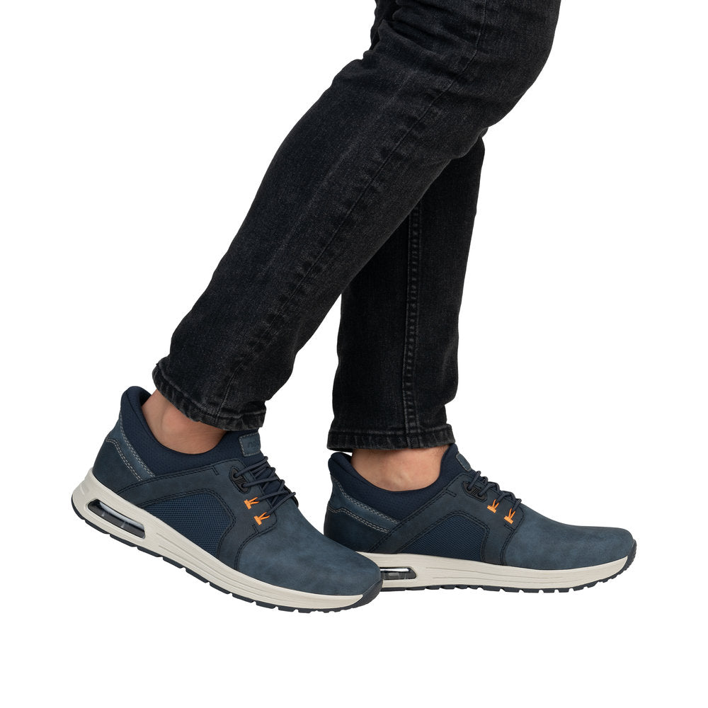Rieker B1053-14 men's blue slip-on shoes with breathable upper, cushioned sole, and casual sporty design.