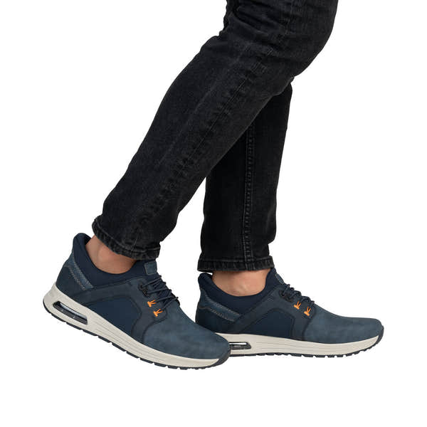 Rieker B1053-14 men's blue slip-on shoes with breathable upper, cushioned sole, and casual sporty design.