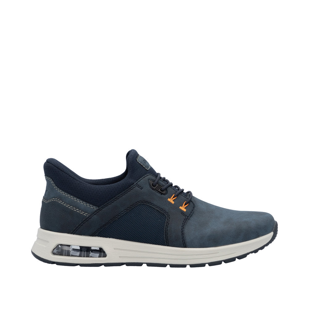 Rieker B1053-14 men's blue slip-on athletic shoes with cushioned sole and breathable mesh accents.