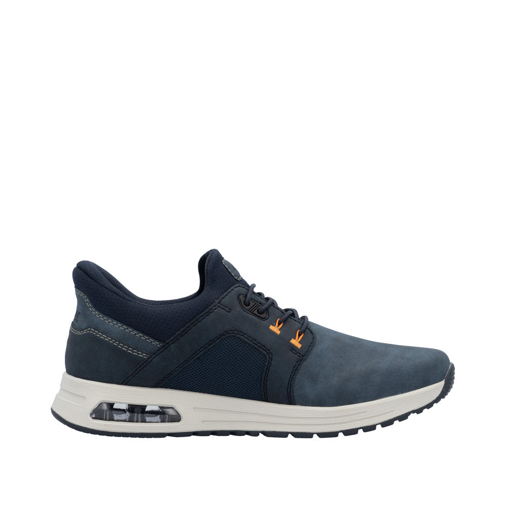 Rieker B1053-14 men's blue slip-on shoes with cushioned sole and air cushion, casual athletic style.