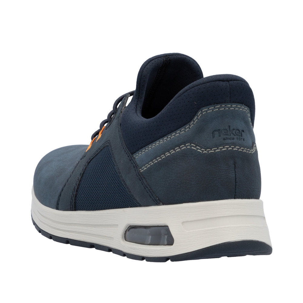 Rieker B1053-14 men's blue slip-on shoes with cushioned white sole, breathable fabric, and stylish design.