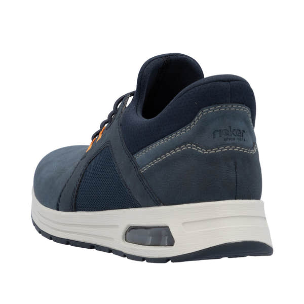 Rieker B1053-14 men's blue slip-on shoes with cushioned white sole, breathable fabric, and stylish design.