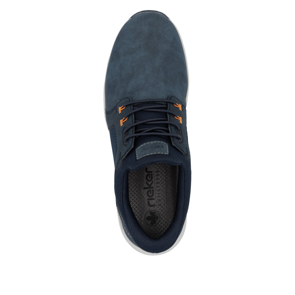 Rieker B1053-14 men's blue slip-on shoes with lace-up design, synthetic upper, and cushioned interior for comfort.