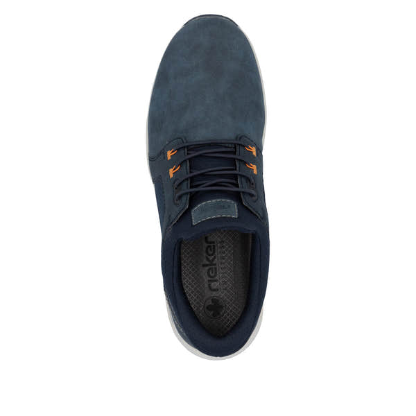 Rieker B1053-14 men's blue slip-on shoes with lace-up design, synthetic upper, and cushioned interior for comfort.