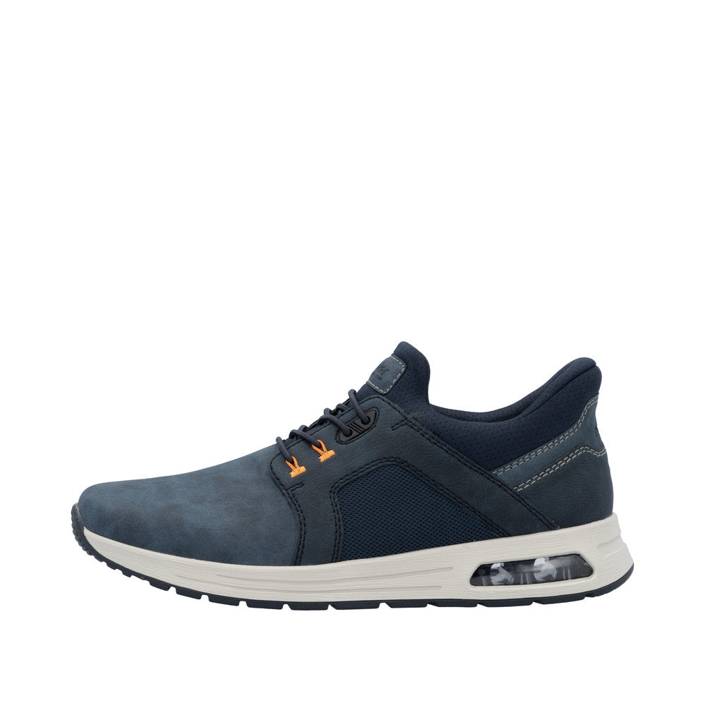 Rieker B1053-14 men's blue slip-on athletic shoes with cushioned sole and breathable mesh panels.