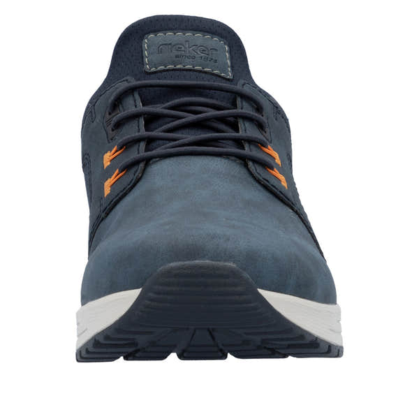 Rieker B1053-14 men's blue slip-on shoes with black laces and orange accents, casual sneaker with a sporty sole.