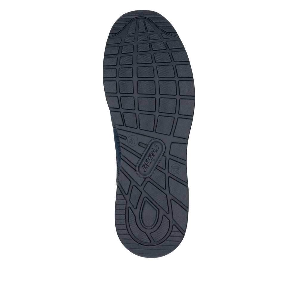 Rieker B1053-14 men's blue slip-on shoes with textured rubber outsole and casual design.