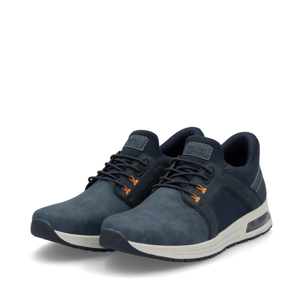 Rieker B1053-14 men's blue slip-on sneakers with cushioned sole and ergonomic design.