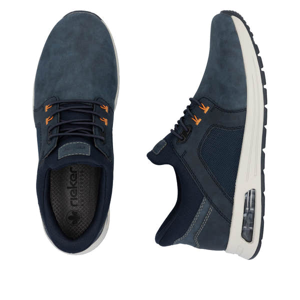Rieker B1053-14 men's blue slip-on shoes with lace-up front, breathable mesh panel, cushioned sole, and air-cushion detail.