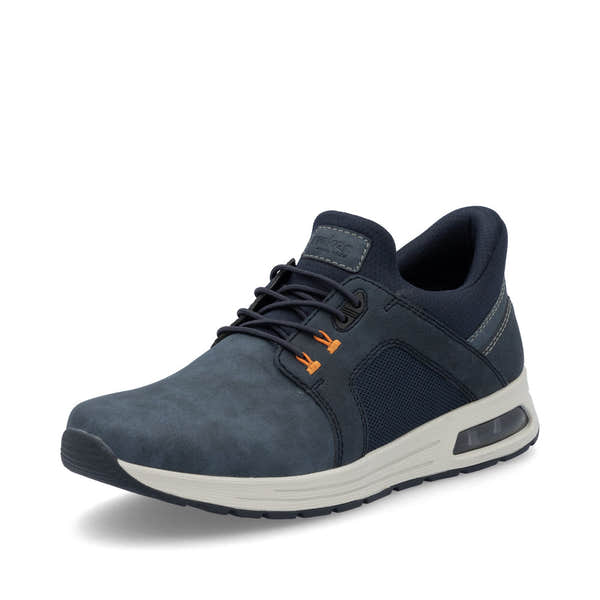 Rieker B1053-14 men's blue slip-on sneakers with cushioned sole and breathable mesh details.