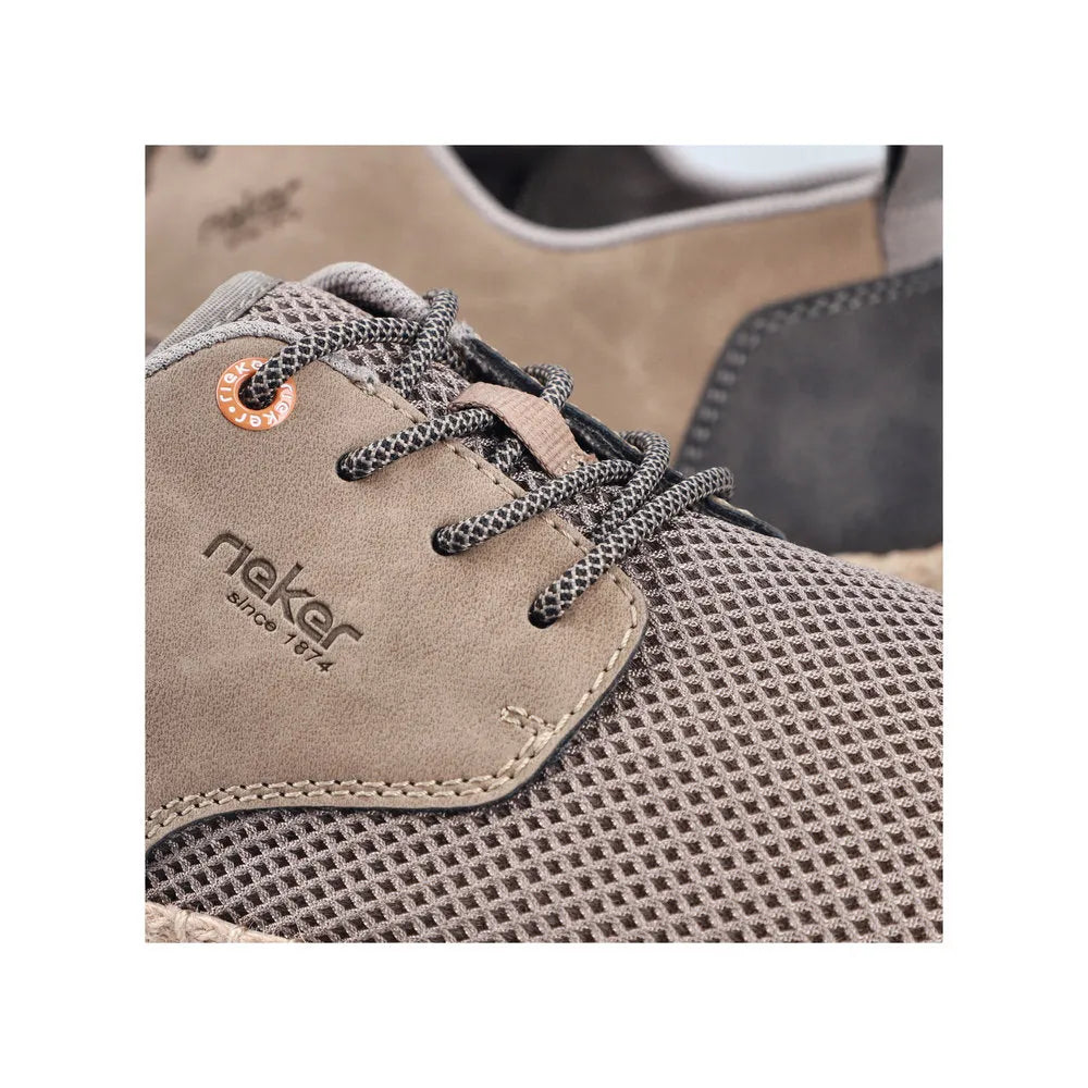 Rieker B2648-64 men's wide beige textile lace-up shoes with mesh and synthetic upper, comfortable casual footwear.