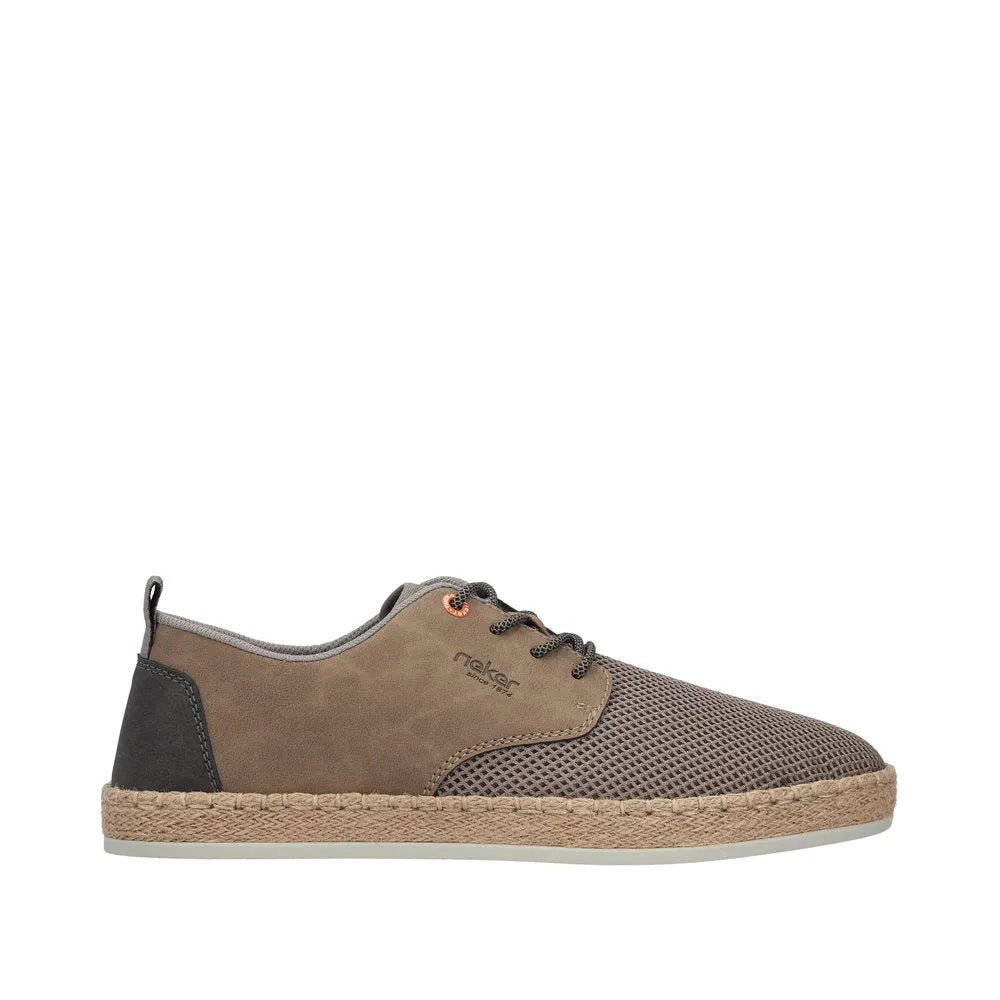 Rieker B2648-64 men's wide fit beige textile lace-up casual shoes with mesh detail and contrasting heel.