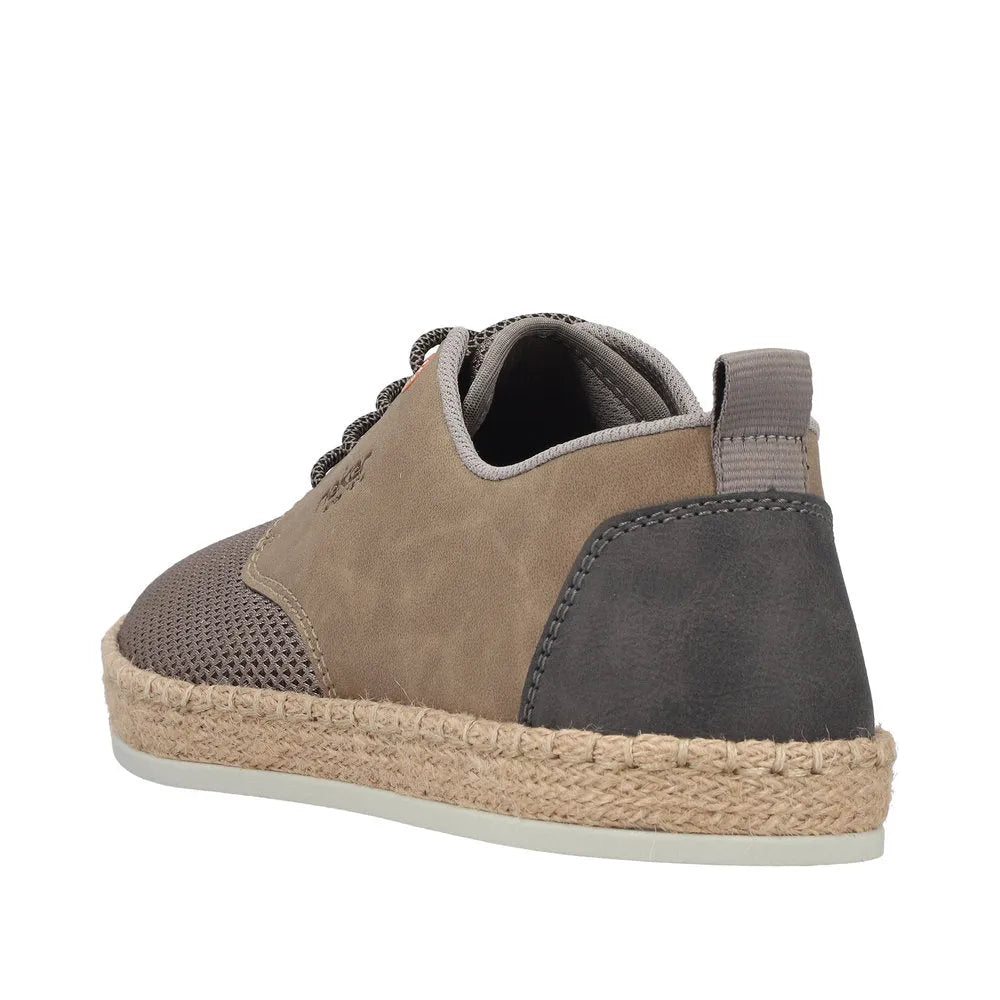 Rieker B2648-64 men's wide beige textile lace-up shoes with a jute-wrapped sole and contrasting heel detail.