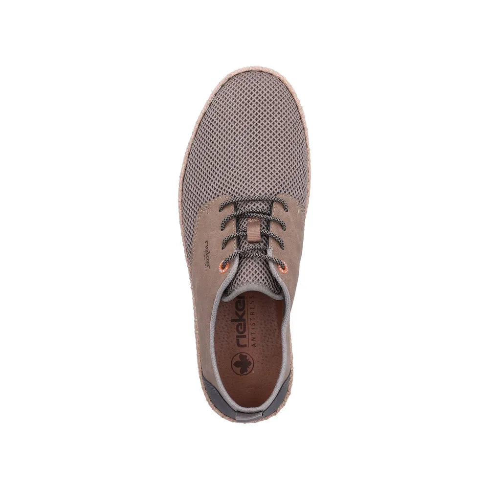 Rieker B2648-64 men's beige wide textile lace-up shoes with mesh upper and cushioned interior.