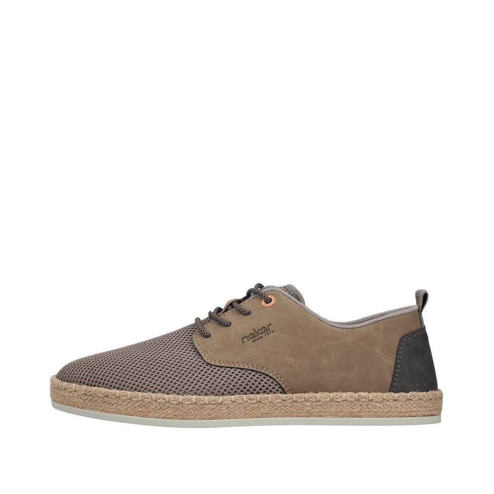 Rieker B2648-64 men's wide fit beige textile lace-up shoes with mesh toe, casual style, and woven espadrille-style sole.