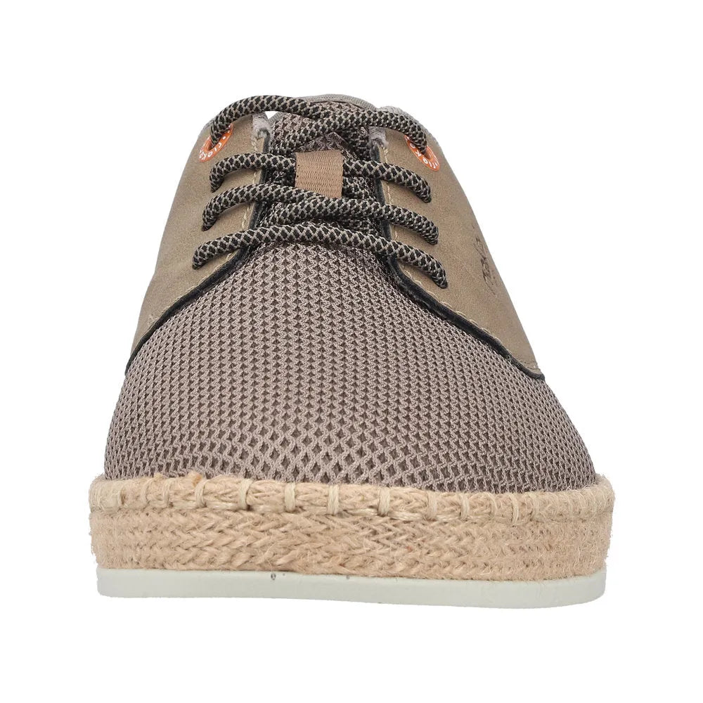 Rieker B2648-64 men's wide beige textile lace-up shoes with mesh front and espadrille sole.