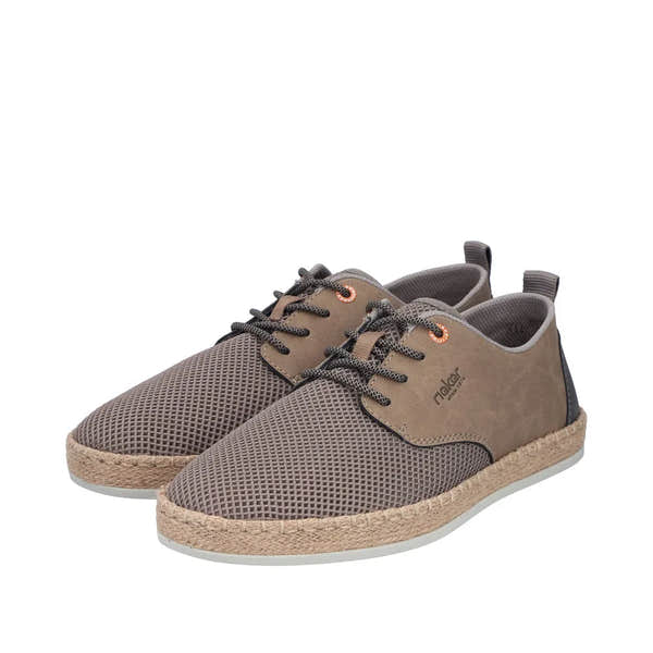 Rieker B2648-64 men's wide fit beige textile lace-up shoes with mesh and faux leather details, lightweight and comfortable footwear.