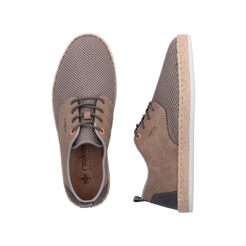 Rieker B2648-64 men's wide beige textile lace-up shoes with rubber soles and mesh details.