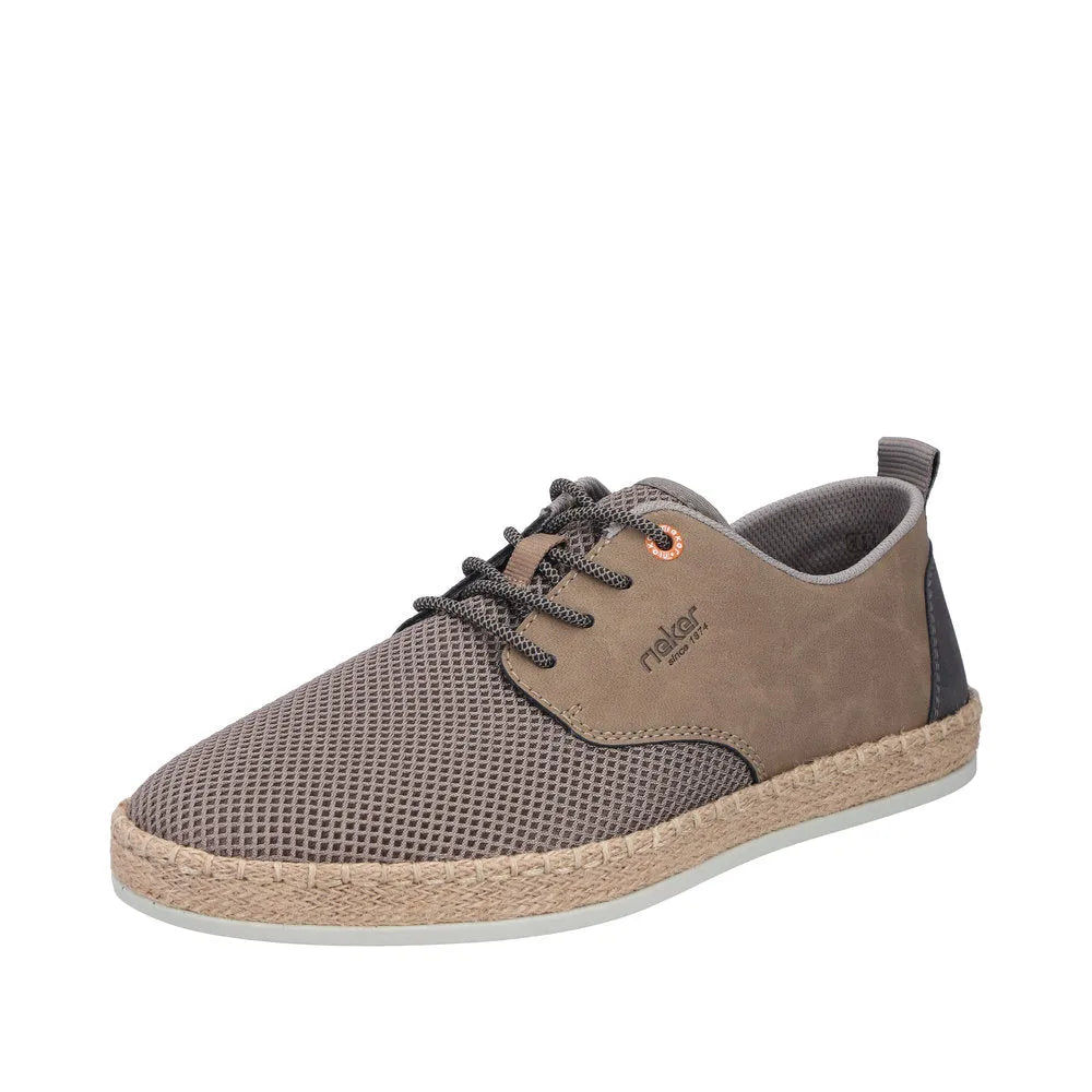 Rieker B2648-64 men's beige textile lace-up shoes with wide fit and woven espadrille-style sole.