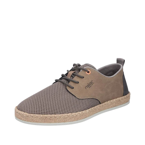 Rieker B2648-64 men's beige textile lace-up shoes with wide fit and woven espadrille-style sole.