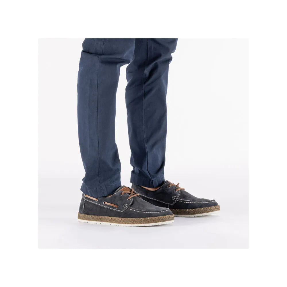 Rieker B5220-14 men's wide navy blue suede lace-up shoes with tan accents and textured sole.