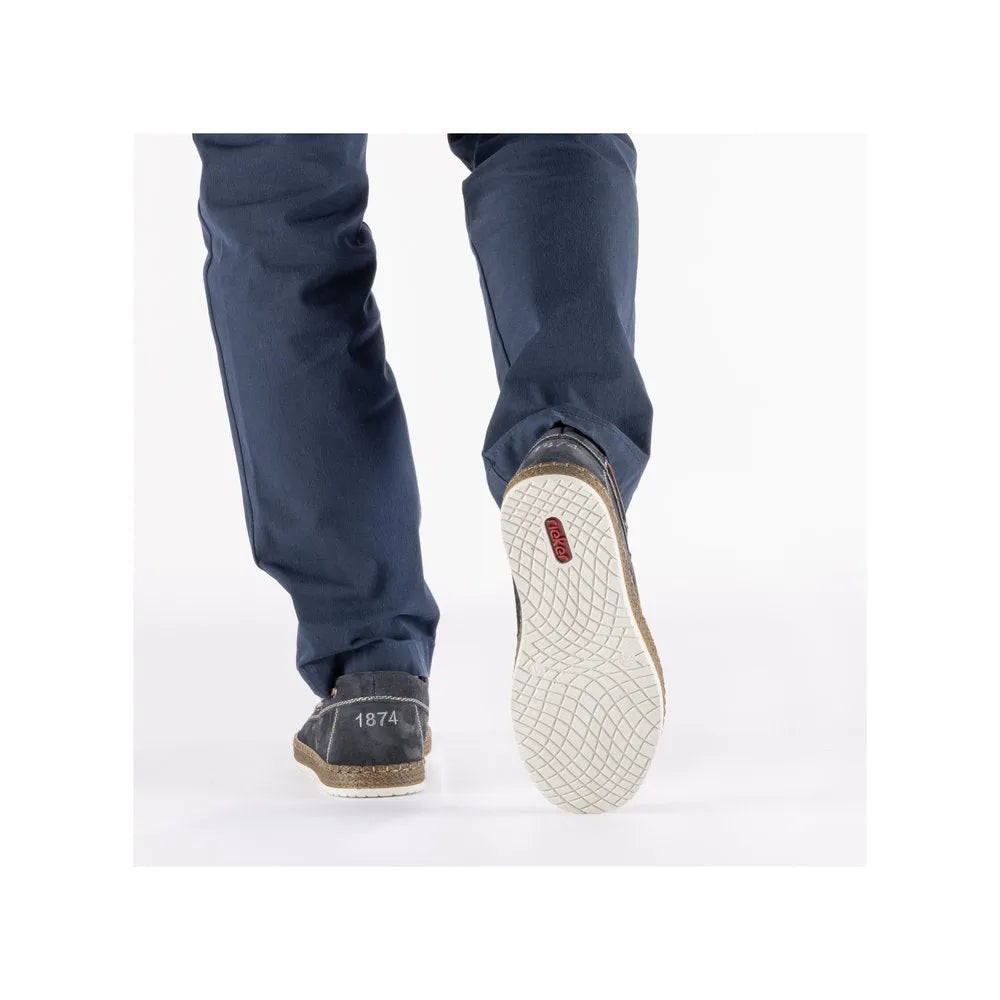 Rieker B5220-14 men's wide cobalt blue suede lace-up shoes, rear view showing sole and stitching detail.