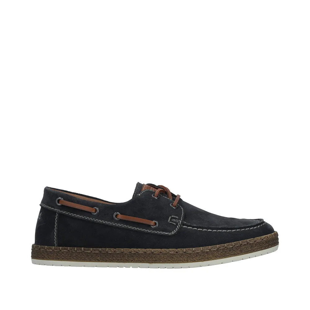 Rieker B5220-14 men's wide fit navy blue suede lace-up boat shoes with contrast stitching and brown accents.