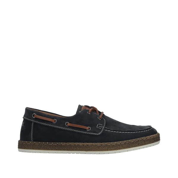 Rieker B5220-14 men's wide fit navy blue suede lace-up boat shoes with contrast stitching and brown accents.
