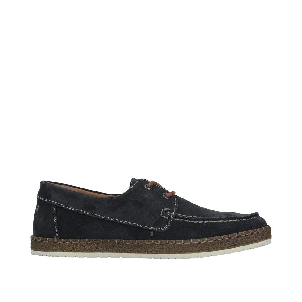 Rieker B5220-14 men's wide width cobalt blue suede lace-up shoes with stitching detail and textured sole.