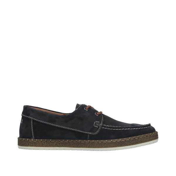 Rieker B5220-14 men's wide width cobalt blue suede lace-up shoes with stitching detail and textured sole.