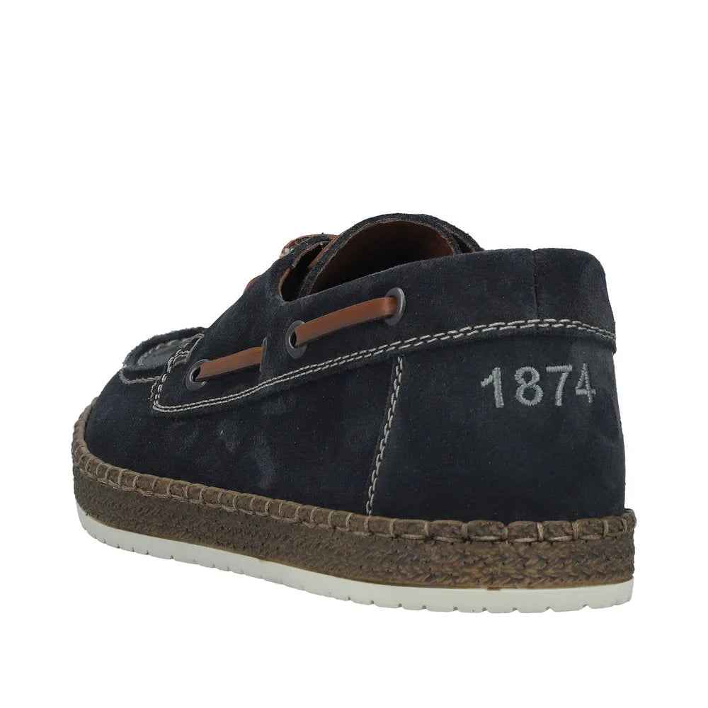 Rieker B5220-14 men's wide fit blue suede lace-up shoes with contrast stitching and embroidered 