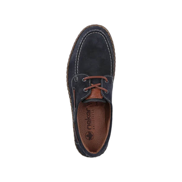 Rieker B5220-14 men's wide fit navy blue suede lace-up shoes with brown accents and durable sole.