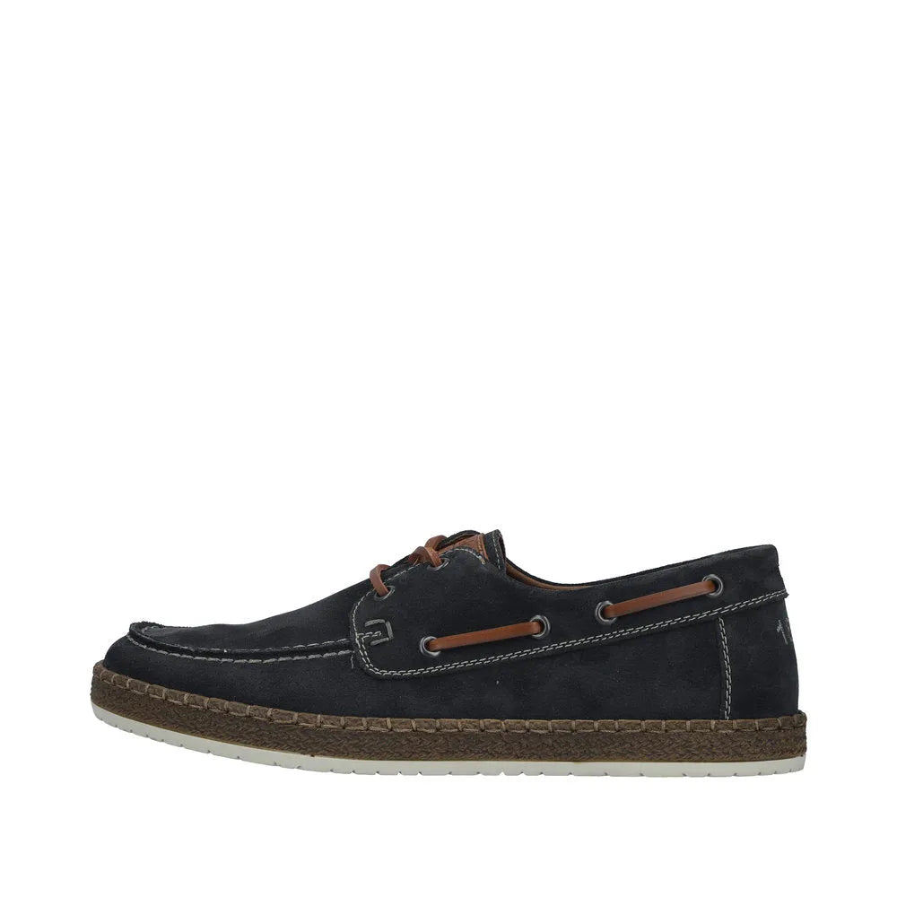 Rieker B5220-14 men's wide cobalt blue suede lace-up shoes with brown accents and casual slip-on design.