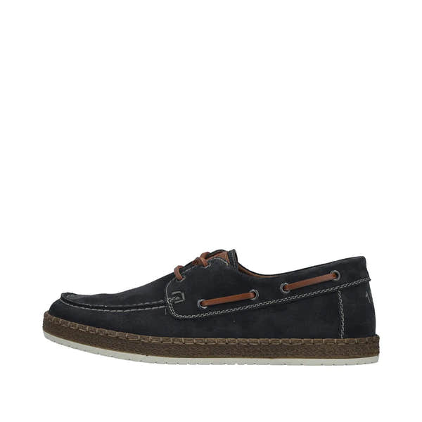 Rieker B5220-14 men's wide cobalt blue suede lace-up shoes with brown accents and casual slip-on design.