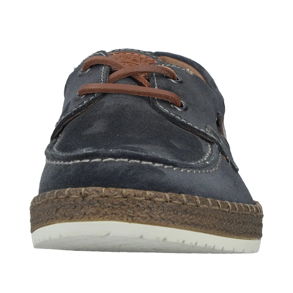 Rieker B5220-14 men's wide fit cobalt blue suede lace-up shoes with brown leather laces and textured sole.