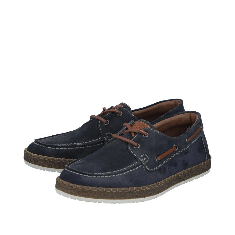Rieker B5220-14 men's wide navy blue suede lace-up shoes with brown laces and stitched detailing.