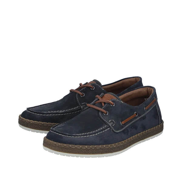 Rieker B5220-14 men's wide navy blue suede lace-up shoes with brown laces and stitched detailing.