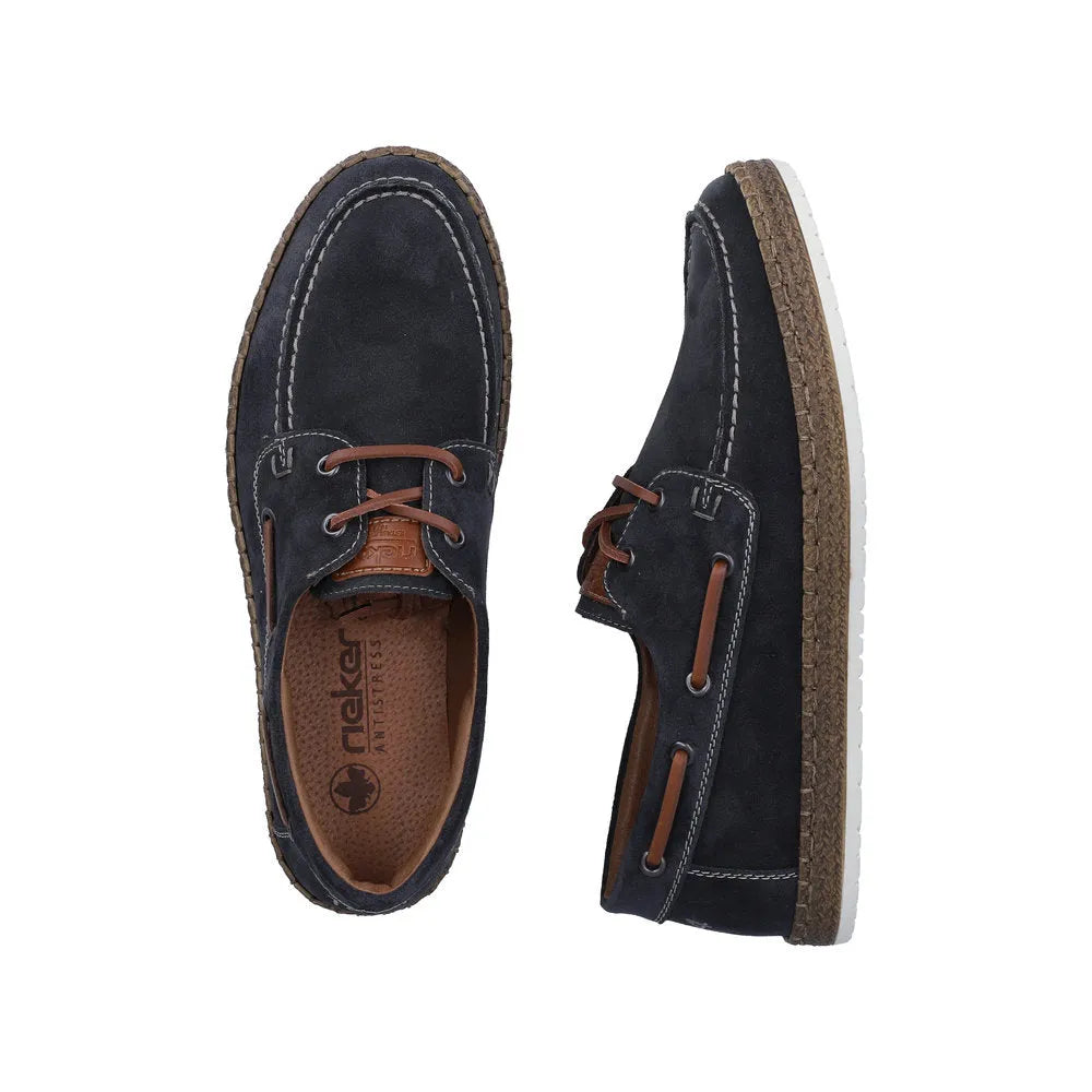 Rieker B5220-14 men's wide fit cobalt blue suede lace-up shoes with stitching details and white rubber outsole.