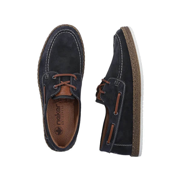 Rieker B5220-14 men's wide fit cobalt blue suede lace-up shoes with stitching details and white rubber outsole.