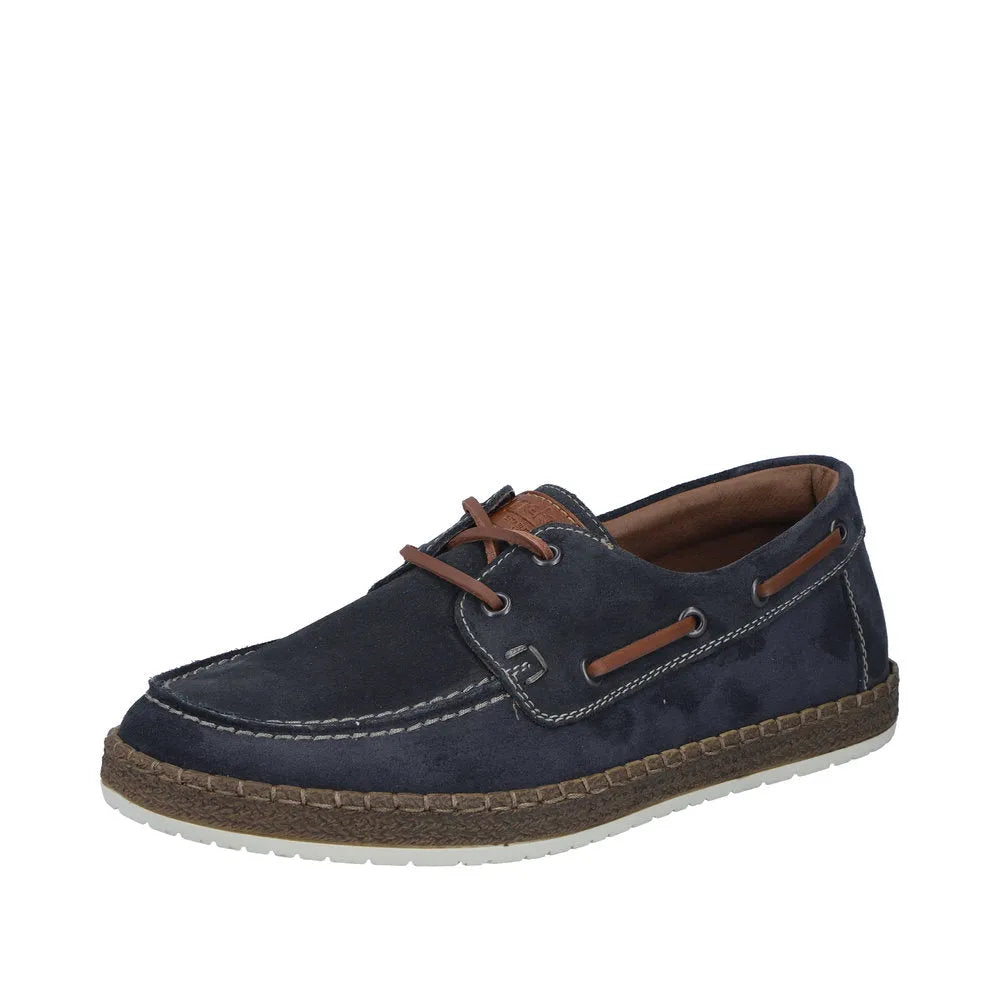 Rieker B5220-14 Mens wide-fit navy blue suede lace-up boat shoes with brown accents and textured sole.