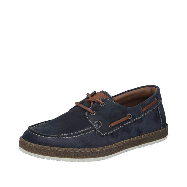 Rieker B5220-14 Mens wide-fit navy blue suede lace-up boat shoes with brown accents and textured sole.