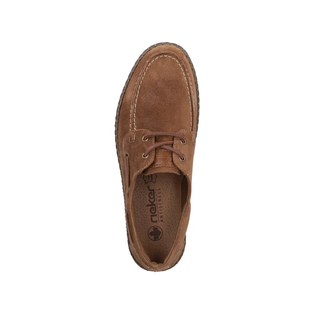Rieker B5220-22 men's wide brown suede lace-up shoes with moc toe design and textured sole.