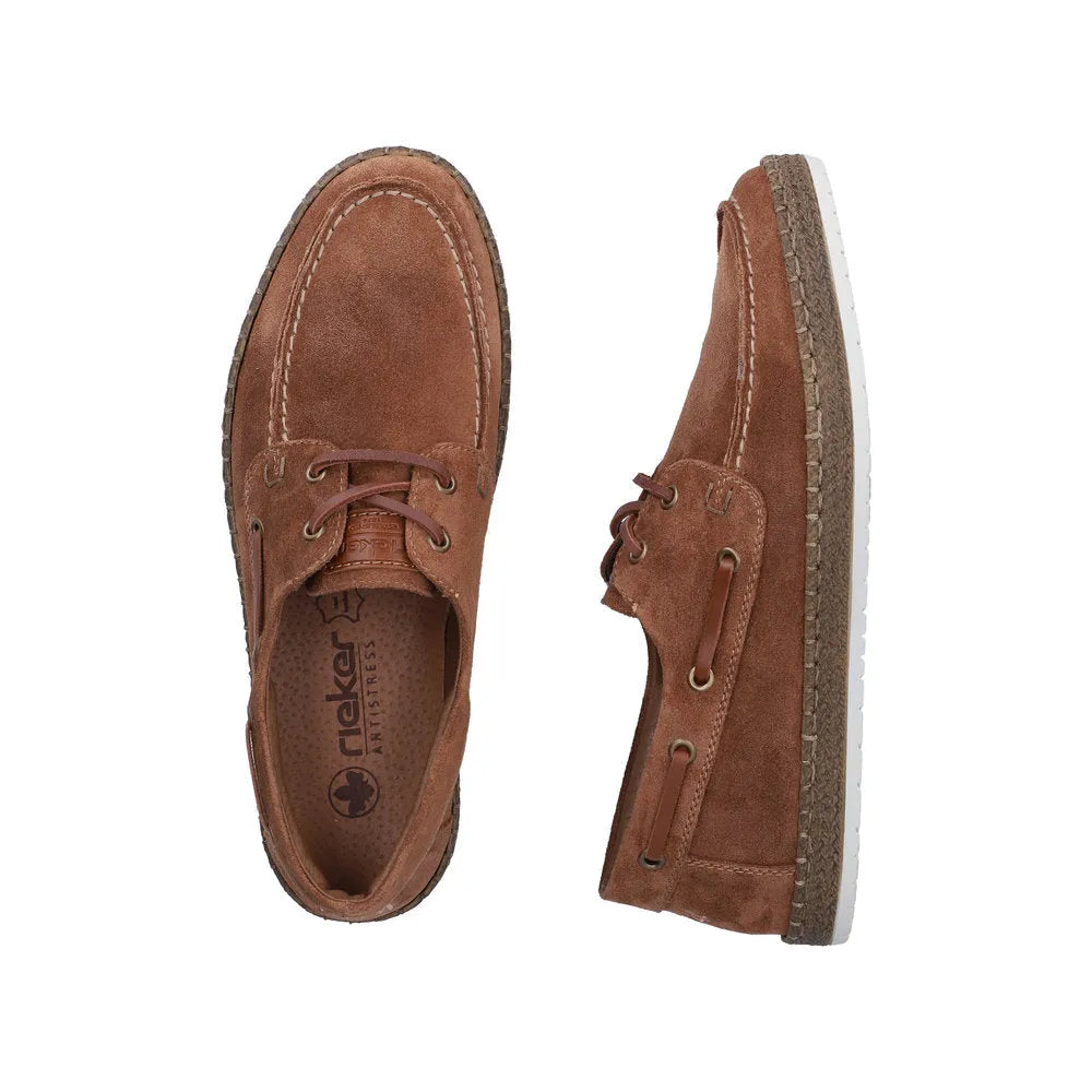 Rieker B5220-22 men's wide-fit brown suede lace-up shoes with white rubber soles.